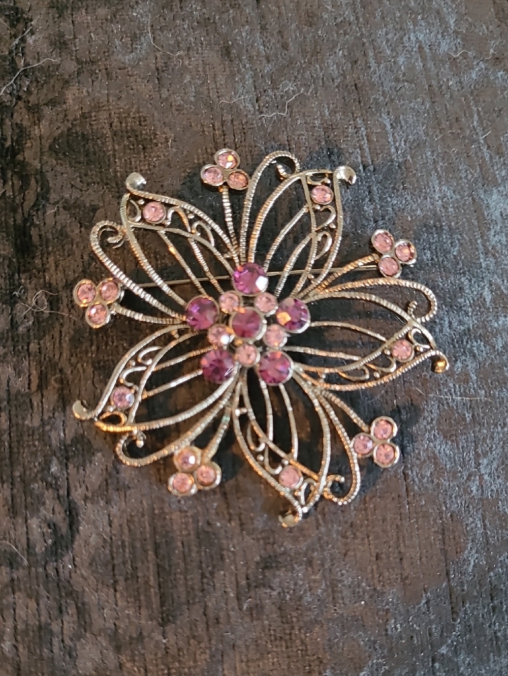 Floral Pink And Purple Crystal Dark Silvertone Brooch